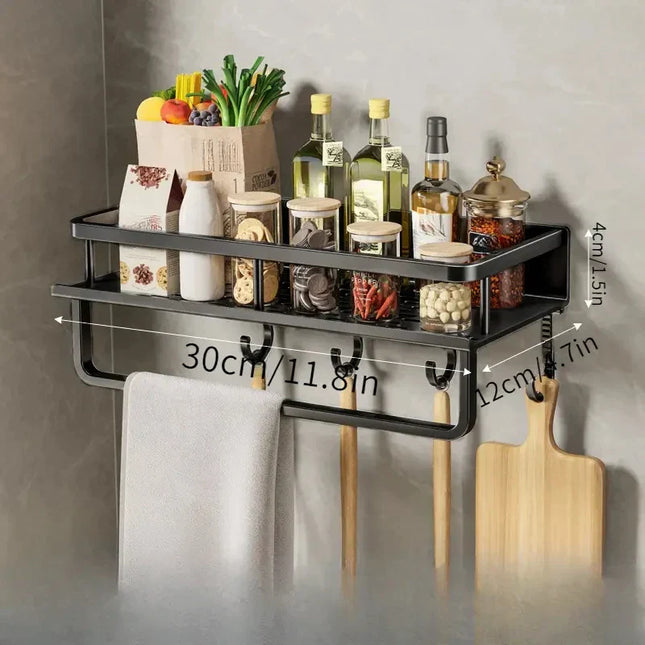 Wall-Mounted Spice Organizer | Black Aluminum Storage Rack with Hooks for Kitchen Essentials | Modern Space-Saving Design