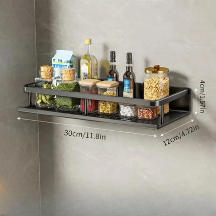 Wall-Mounted Spice Organizer | Black Aluminum Storage Rack with Hooks for Kitchen Essentials | Modern Space-Saving Design