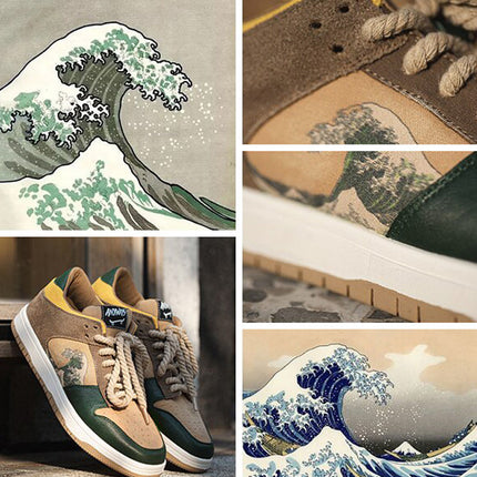 Sneakers X V. Gogh Collaboration | The Great Wave Design | Mixed Material Upper | Fabric Insole Comfort | Uniquely Designed Platform | Innovative Lacing | Thick Sole Heel | Art-Inspired Footwear
