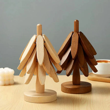 Eco-Friendly Scandinavian-Inspired Trivet Set | Sustainable Wood Heat-Resistant Coasters | Holiday Tree Design | 3 Trivets & 1 Stand | Birch & Walnut | 10x22.5 cm | Kitchen & Dining Decor