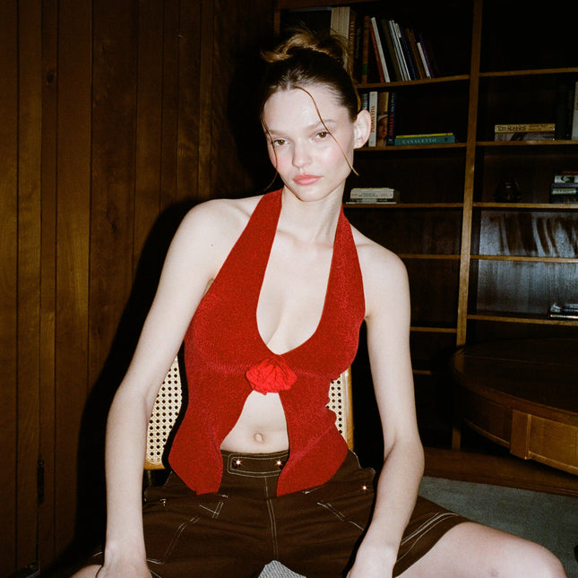 Halter Neck Rose Top | Open Front Design | Red | Bust Flower Detail | Women's Fashion Top