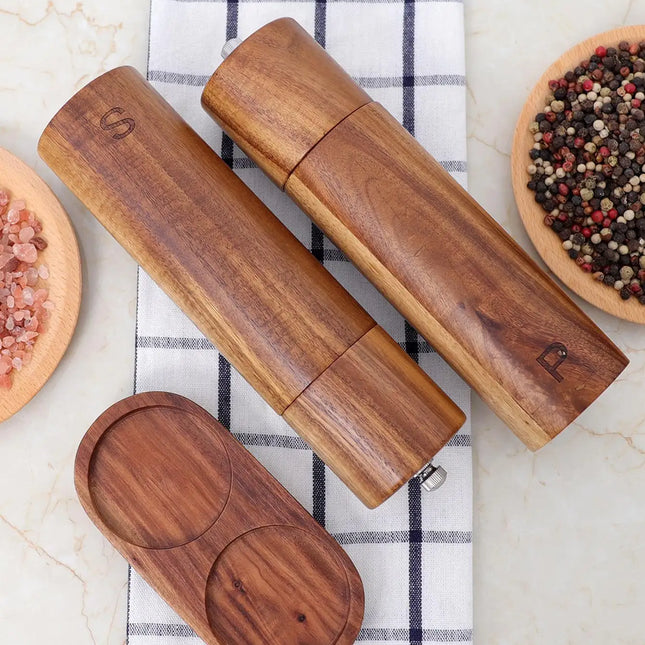 Premium Wooden Pepper and Salt Mill Set with Tray | Durable Spice Grinder for Kitchen Dining | Includes Cleaning Brush and Scoop | Sophisticated Design | 22.5 cm