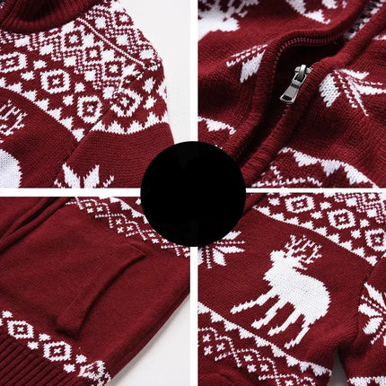 Festive Christmas Knit Cardigan | Zipper & Roll-Up Collar | Stylish Geometric Patterns