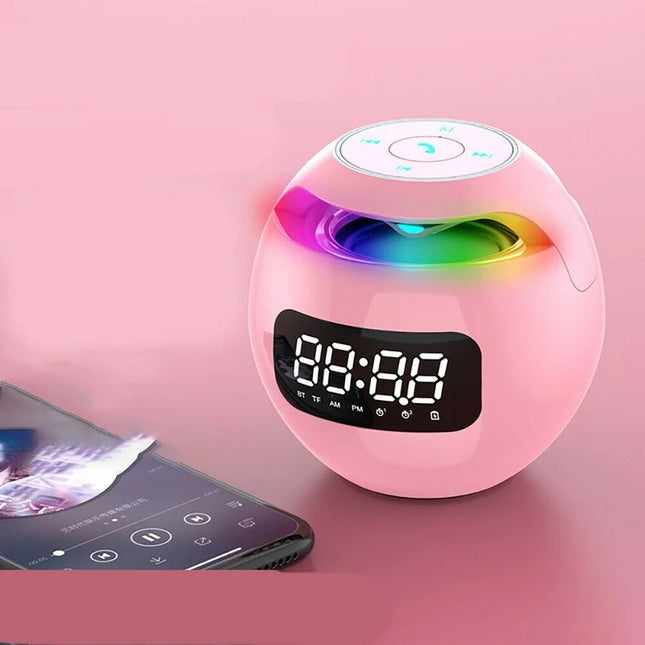 Ball Bluetooth Alarm Clock Speaker | Digital LED Display | Colorful Night Light | Bluetooth 5.0 | 2200mAh Battery | Smart Motion Detection | High-quality 5W Speaker | Compact Design | White, Black, Pink