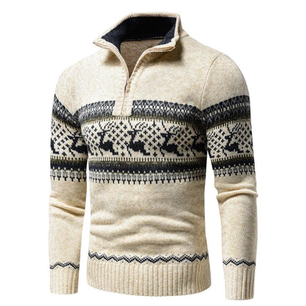 Festive Christmas Knit Cardigan | Zipper & Roll-Up Collar | Stylish Geometric Patterns