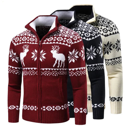 Festive Christmas Knit Cardigan | Zipper & Roll-Up Collar | Stylish Geometric Patterns