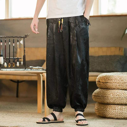 Hipster Ice Silk Satin Men's Pants Dragon Pattern Chinese Loose Trousers Smooth Satin Pants Taiji Comfortable Beach Pants - Visconte