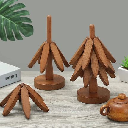Eco-Friendly Scandinavian-Inspired Trivet Set | Sustainable Wood Heat-Resistant Coasters | Holiday Tree Design | 3 Trivets & 1 Stand | Birch & Walnut | 10x22.5 cm | Kitchen & Dining Decor