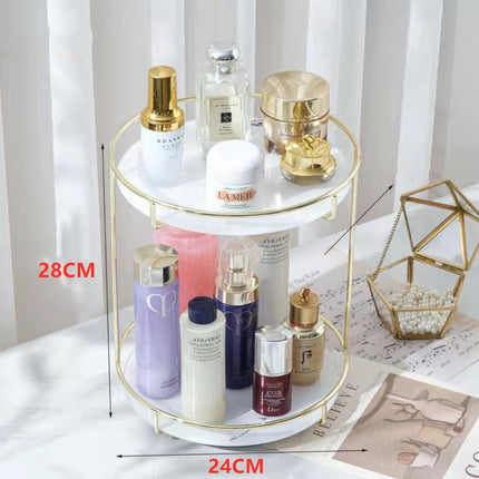 Golden Finish Metal Frame Makeup Organizer | Rotating 2-Tier or Single-Tier | Choose Rectangle or Rounded Shape | Glass Base | Adjustable Compartment System for Skincare & Fragrances | Easy Access Design