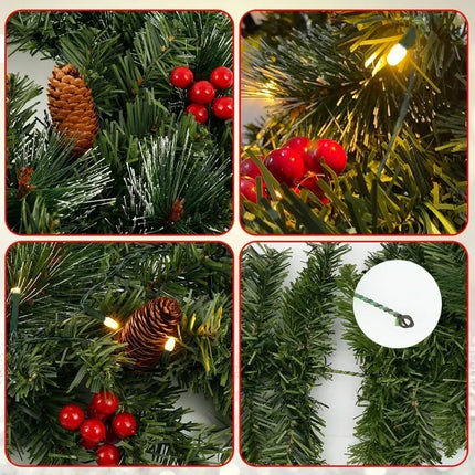 LED Christmas Garland | Pine Needles & Red Berries | Festive Staircase & Door Decor | Reusable & Durable | Various Lengths & Styles | Indoor & Outdoor Use