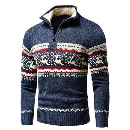 Festive Christmas Knit Cardigan | Zipper & Roll-Up Collar | Stylish Geometric Patterns