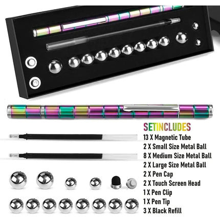 Magnetic Multifunctional Deformation Pen | Includes 13 Magnetic Rings & 12 Steel Balls | Fidget Reliever for Stress | Transform into Shapes | With Refills & Touch Screen Tips | Gift Box Included