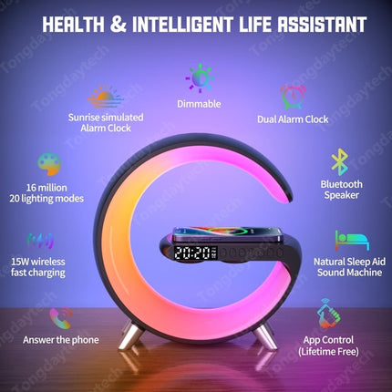 Multifunctional ChargeHub | LED RGB Night Light | Digital Alarm Clock | Wireless Charger | Bluetooth Speaker | App Controlled Custom Lighting & Alarms | Perfect for Modern Bedrooms & Living Spaces