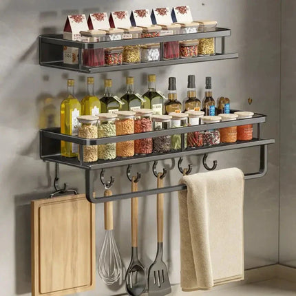 Wall-Mounted Spice Organizer | Black Aluminum Storage Rack with Hooks for Kitchen Essentials | Modern Space-Saving Design