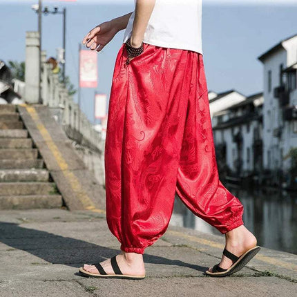 Hipster Ice Silk Satin Men's Pants Dragon Pattern Chinese Loose Trousers Smooth Satin Pants Taiji Comfortable Beach Pants - Visconte