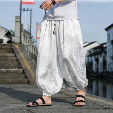 Hipster Ice Silk Satin Men's Pants Dragon Pattern Chinese Loose Trousers Smooth Satin Pants Taiji Comfortable Beach Pants - Visconte