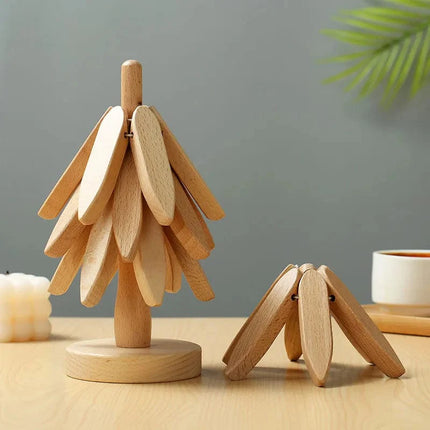 Eco-Friendly Scandinavian-Inspired Trivet Set | Sustainable Wood Heat-Resistant Coasters | Holiday Tree Design | 3 Trivets & 1 Stand | Birch & Walnut | 10x22.5 cm | Kitchen & Dining Decor
