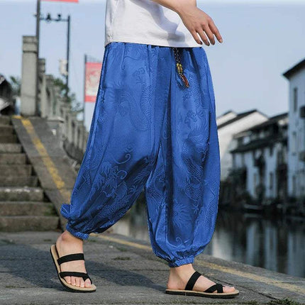 Hipster Ice Silk Satin Men's Pants Dragon Pattern Chinese Loose Trousers Smooth Satin Pants Taiji Comfortable Beach Pants - Visconte