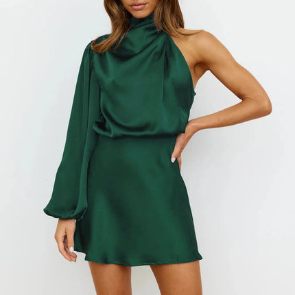 Fuchsia Satin Halter Mini Dress | Asymmetrical One-Sleeve | Draped Neckline | Elegant Cocktail Attire