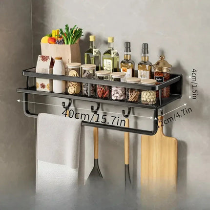 Wall-Mounted Spice Organizer | Black Aluminum Storage Rack with Hooks for Kitchen Essentials | Modern Space-Saving Design