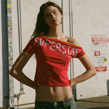 Superstar Seven Off-the-Shoulder Tee | Red | Studded Graphic | Straight Neckline