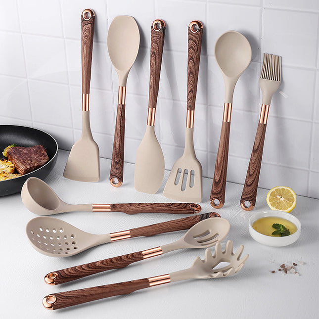 Vitrux Silicone Kitchen Tools | 10-Piece Set | Heat Resistant & Non-Slip | Wooden Handles | Food-Grade | Versatile Cooking | Elegant Design | High Temperature Tolerance