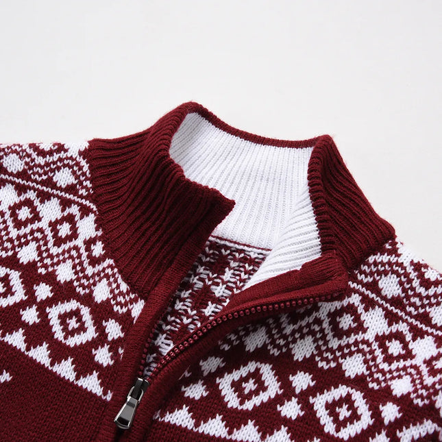 Festive Christmas Knit Cardigan | Zipper & Roll-Up Collar | Stylish Geometric Patterns