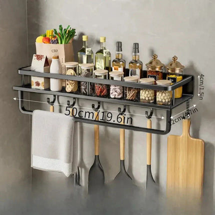 Wall-Mounted Spice Organizer | Black Aluminum Storage Rack with Hooks for Kitchen Essentials | Modern Space-Saving Design