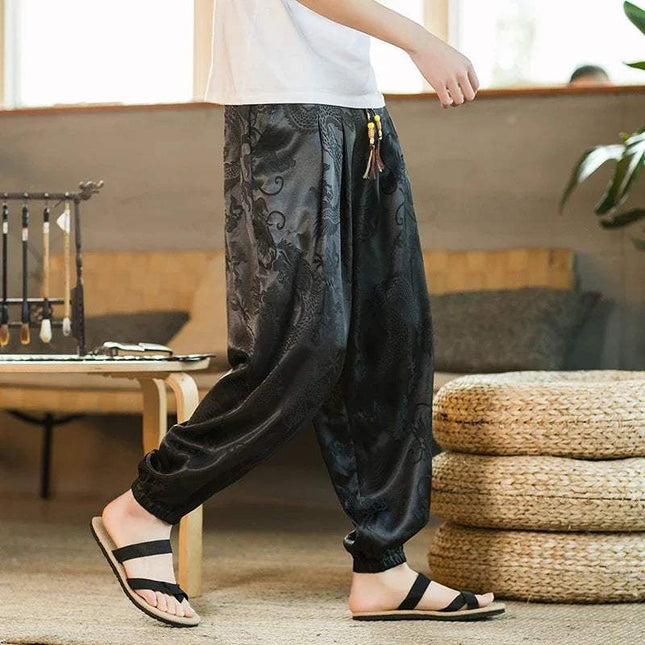 Hipster Ice Silk Satin Men's Pants Dragon Pattern Chinese Loose Trousers Smooth Satin Pants Taiji Comfortable Beach Pants - Visconte
