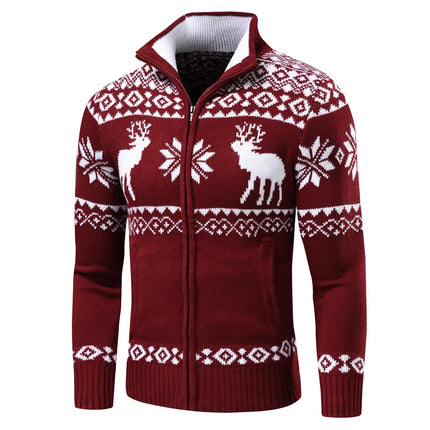 Festive Christmas Knit Cardigan | Zipper & Roll-Up Collar | Stylish Geometric Patterns