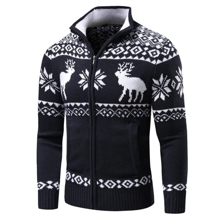 Festive Christmas Knit Cardigan | Zipper & Roll-Up Collar | Stylish Geometric Patterns