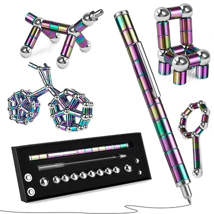 Magnetic Multifunctional Deformation Pen | Includes 13 Magnetic Rings & 12 Steel Balls | Fidget Reliever for Stress | Transform into Shapes | With Refills & Touch Screen Tips | Gift Box Included
