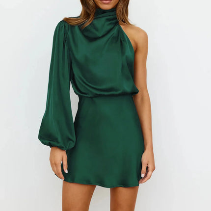 Fuchsia Satin Halter Mini Dress | Asymmetrical One-Sleeve | Draped Neckline | Elegant Cocktail Attire