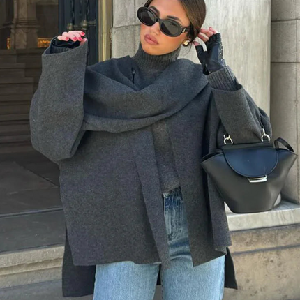 Cozy™ Women's Oversized Coat | Asymmetrical Scarf Detail | Thick Polyester for Winter Warmth | Single Button Closure | Regular Fit