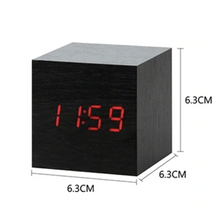 LED Cube Alarm Clock | Snooze Function | Temperature Display | 3 Display Modes | LED Light Screen | Compact Size | USB or Battery Powered | Faux Wood-Grain Finish | 4 Color Options | 6cm Dimensions