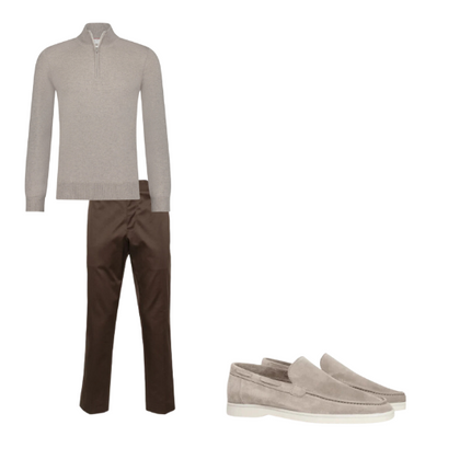 Beige/Brown Sophisticated Men's Ensemble | Slim Fit Cotton Trousers | Merino Wool Half-Zip Sweater | Premium Suede Loafers | Elegant & Comfortable