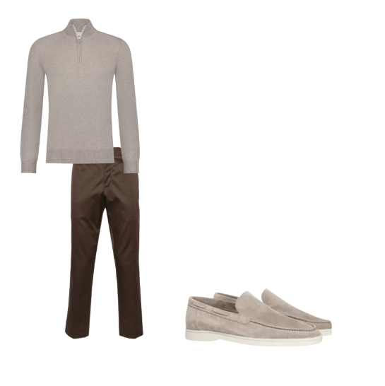 Beige/Brown Sophisticated Men's Ensemble | Slim Fit Cotton Trousers | Merino Wool Half-Zip Sweater | Premium Suede Loafers | Elegant & Comfortable