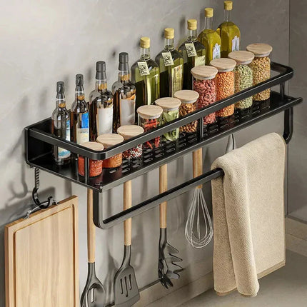 Wall-Mounted Spice Organizer | Black Aluminum Storage Rack with Hooks for Kitchen Essentials | Modern Space-Saving Design