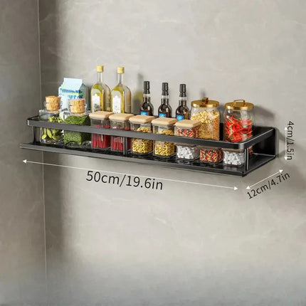 Wall-Mounted Spice Organizer | Black Aluminum Storage Rack with Hooks for Kitchen Essentials | Modern Space-Saving Design