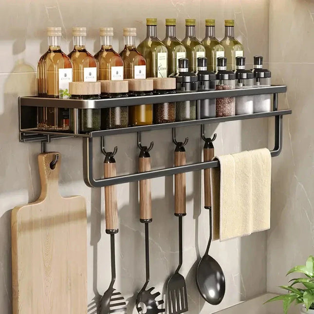 Wall-Mounted Spice Organizer | Black Aluminum Storage Rack with Hooks for Kitchen Essentials | Modern Space-Saving Design