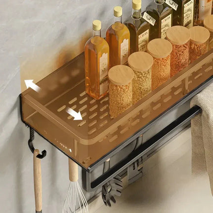 Wall-Mounted Spice Organizer | Black Aluminum Storage Rack with Hooks for Kitchen Essentials | Modern Space-Saving Design