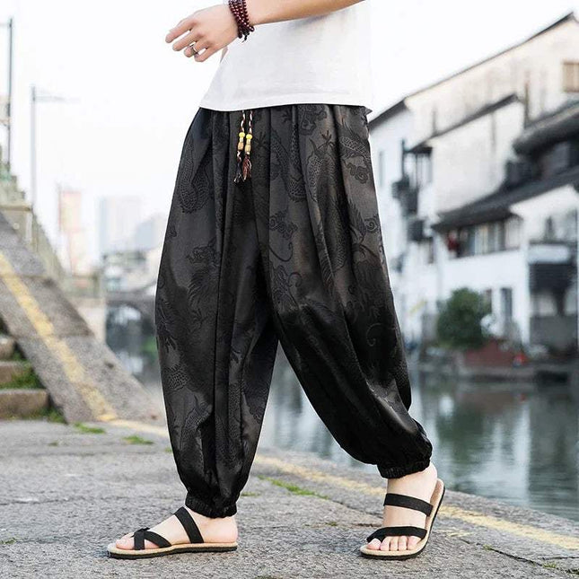 Hipster Ice Silk Satin Men's Pants Dragon Pattern Chinese Loose Trousers Smooth Satin Pants Taiji Comfortable Beach Pants - Visconte
