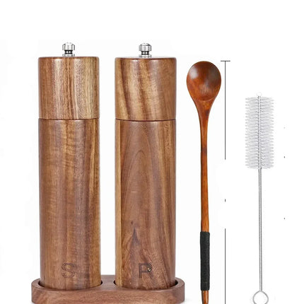 Premium Wooden Pepper and Salt Mill Set with Tray | Durable Spice Grinder for Kitchen Dining | Includes Cleaning Brush and Scoop | Sophisticated Design | 22.5 cm