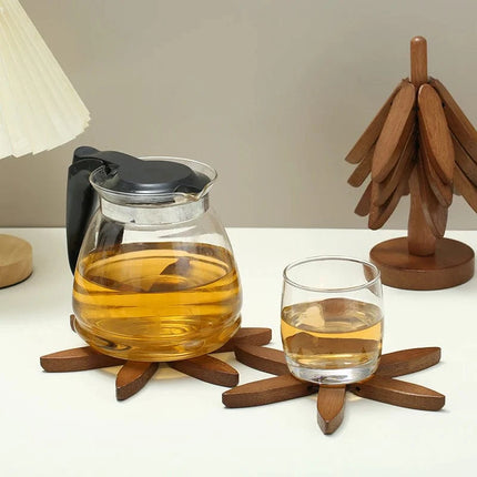 Eco-Friendly Scandinavian-Inspired Trivet Set | Sustainable Wood Heat-Resistant Coasters | Holiday Tree Design | 3 Trivets & 1 Stand | Birch & Walnut | 10x22.5 cm | Kitchen & Dining Decor