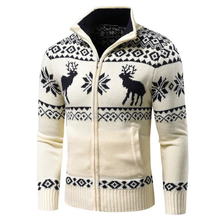 Festive Christmas Knit Cardigan | Zipper & Roll-Up Collar | Stylish Geometric Patterns