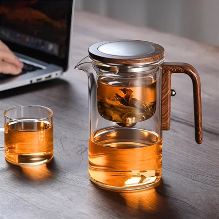 Elegant Glass Teapot | Borosilicate with Wooden Handle | One-Click Dispensing | Thermal Resistant | 520ml/720ml | Dishwasher Safe Infuser | Adjustable Brew Timing | Complete Setup Included