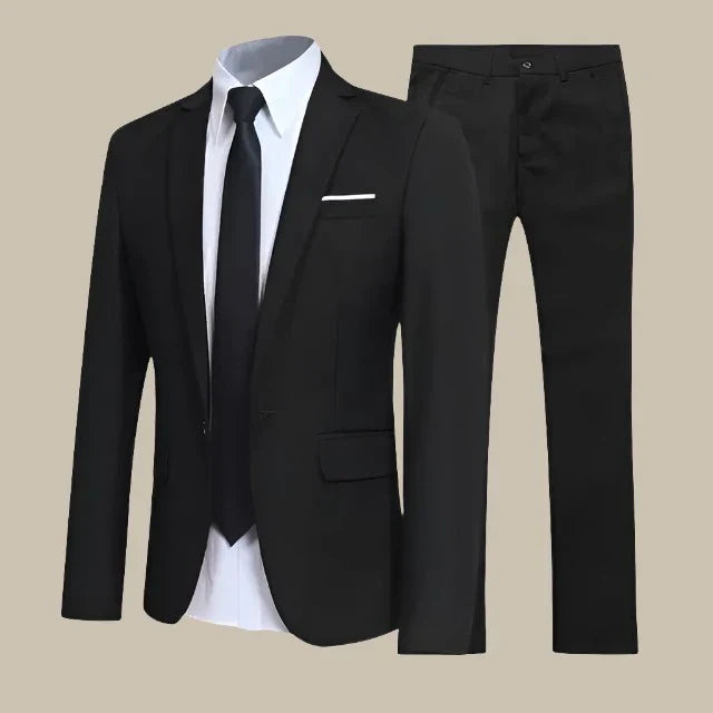 Men's Suit | Classic Fit | Two-Piece | Blazer & Tailored Trousers | Versatile | Weddings & Business | Single-Breasted | Notched Lapel | Adjustable Waist | Sizes XS-3XL | Black, Red, Grey, Blue | Polyester-Viscose