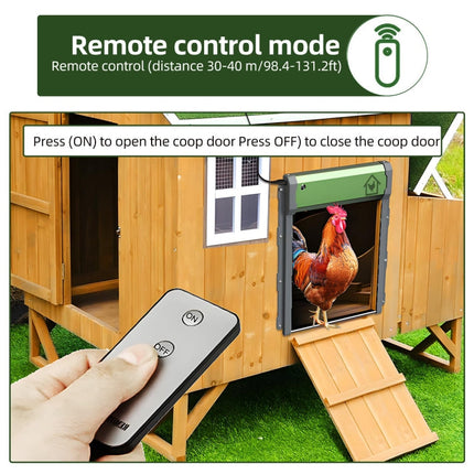 Automatic Chicken Coop Door | 4 Modes | Remote | Timer | Light Sensor | Manual | Smart Anti-Pinch | Waterproof IP67 | Powered by USB | Eco-Friendly Lithium Battery | 9.4 x 10.8 in | ABS Material