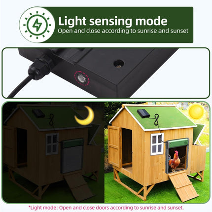 Automatic Chicken Coop Door | 4 Modes | Remote | Timer | Light Sensor | Manual | Smart Anti-Pinch | Waterproof IP67 | Powered by USB | Eco-Friendly Lithium Battery | 9.4 x 10.8 in | ABS Material