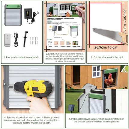 Automatic Chicken Coop Door | 4 Modes | Remote | Timer | Light Sensor | Manual | Smart Anti-Pinch | Waterproof IP67 | Powered by USB | Eco-Friendly Lithium Battery | 9.4 x 10.8 in | ABS Material